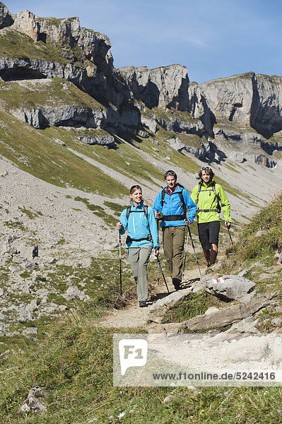 Austria  Kleinwalsertal  Group of people hiking on mountain trail