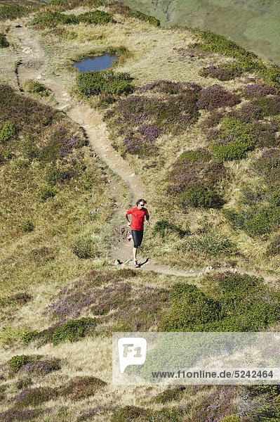 Austria  Kleinwalsertal  Mid adult man running on mountain trail