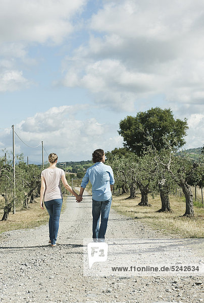 Italy  Tuscany  Young couple holding hands and walking on country road