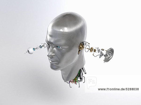 Männlicher Roboterkopf mit hervortretenden Zahnrädern und Kabeln