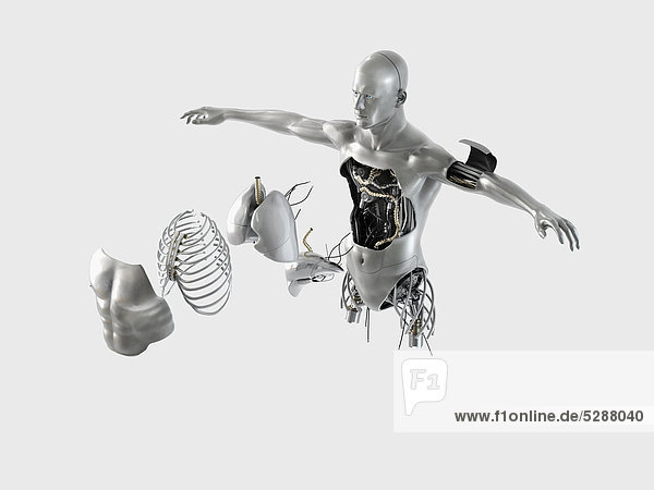 Männlicher Roboterkörper mit hervortretenden inneren Organen