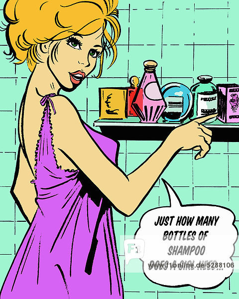 Frau mit Kosmetika im Badezimmer spricht in einer Sprechblase