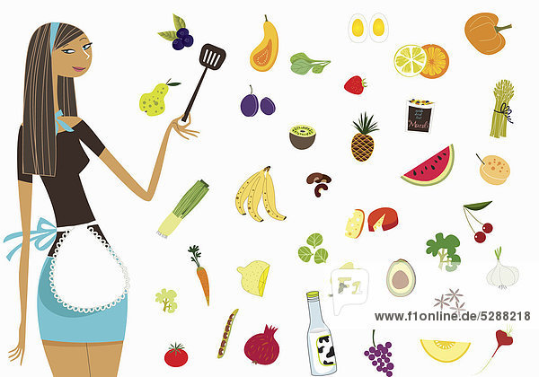 Woman in apron standing with healthy foods