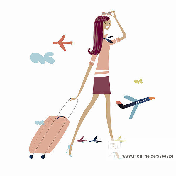 Frau mit Gepäck und Flugzeugen im Hintergrund