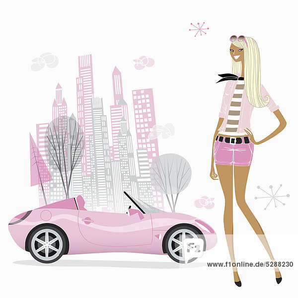 Woman with pink convertible on city street