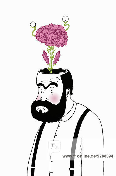 Blume wächst aus dem Kopf eines Mannes
