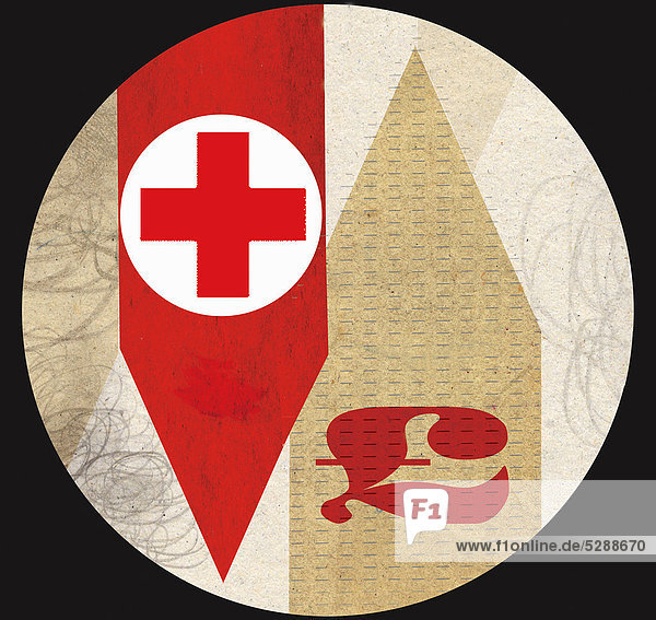 Rotes Kreuz mit Pfundsymbol auf Pfeilen