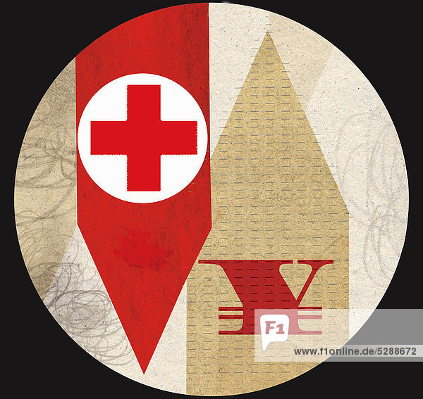 Rotes Kreuz mit Yensymbol auf Pfeilen