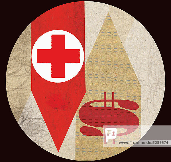 Rotes Kreuz mit Dollarsymbol auf Pfeilen