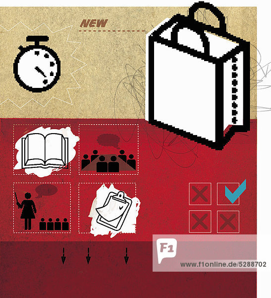 Einkaufstaschen,  Bücher und Checklisten