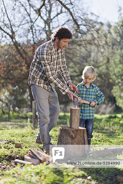 Vater lehrt Sohn Holz hacken