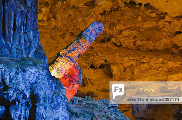 Bunt beleuchtete  steinerne penisfˆrmige Felsformation in der Hang Sung Sot Hˆhle  Surprise Cave  Hˆhle der Ehrfurcht  UNESCO Weltnaturerbe  Tropfsteinhˆhle in der Halong Bucht  Vietnam  S¸dostasien  Asien