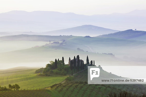 Podere Belvedere in the morning fog  San Quirico  Val d'Orcia  Tuscany  Italy  Europe  PublicGround