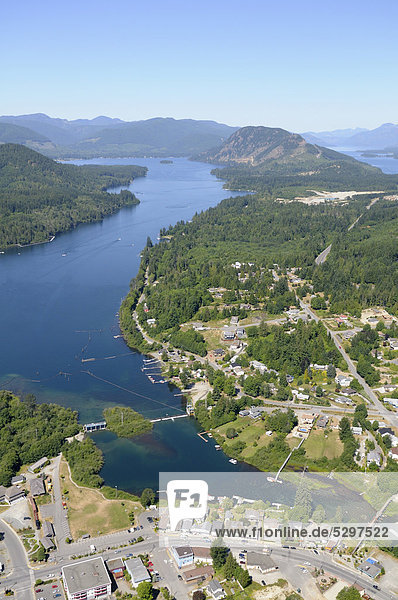 Aerial view of the town of Lake Cowichan on Cowichan Lake  Vancouver Island  British Columbia  Canada
