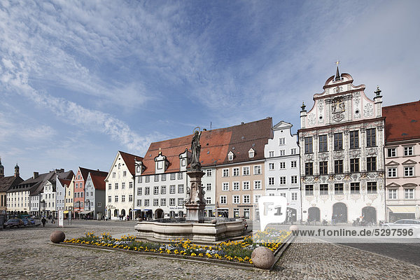 Marie Fountain  Town Hall  Main Square  Landsberg am Lech  Upper Bavaria  Bavaria  Germany  Europe
