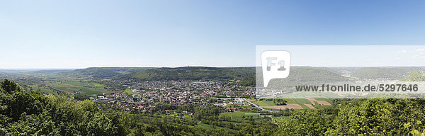 Panoramic views across market town of Wiesenttal with Ebermannstadt from the Wallerwarte look-out  Franconian Switzerland  Upper Franconia  Franconia  Bavaria  Germany  Europe