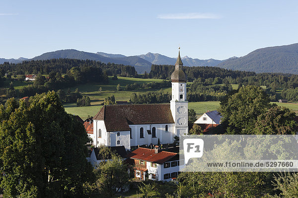 Town view with parish church of St. George  Bad Bayersoien  Pfaffenwinkel  Upper Bavaria  Bavaria  Germany  Europe  PublicGround