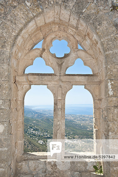 Gothic tracery  decorated window  St. Hilarion Castle  crusader castle  overlooking sea and coast  Turkish Republic of Northern Cyprus  Cyprus  Europe