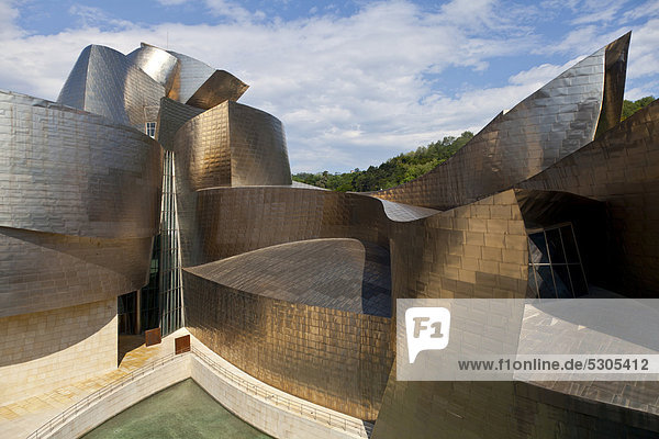 Museo Guggenheim Bilbao  Guggenheim-Museum  Museum für moderne Kunst  Spitzname el Botxo  baskisch für das Loch  von Frank O Gehry 1997 entworfen und mit Titan  Kalkstein und Glas erbaut  Bilbao  Baskenland  Spanien  Europa