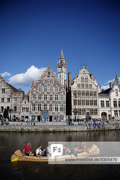 Guild houses and boat on Leie River  Ghent  Western Flanders  Belgium  Europe