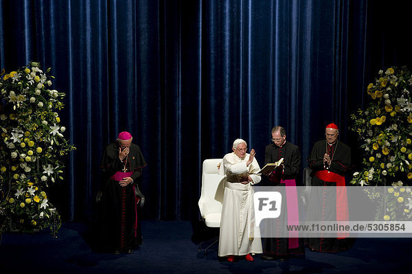 Visit of Pope Benedict XVI on 25th September 2011  speech at Freiburg Concert Hall  together with Robert Zollitsch  the Archbishop of Freiburg and Chairman of the German Bishops' Conference  Freiburg im Breisgau  Baden-Wuerttemberg  Germany  Europe