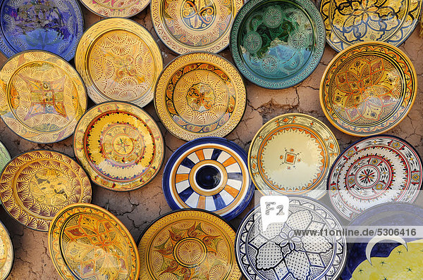 Ceramic bowls  souvenirs for sale at a stall  Ait Benhaddou  Morocco  Africa
