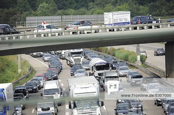 Congestion of traffic on the A8 motorway near the Degerloch exit travelling to Munich looking towards Karlsruhe Stuttgart Baden-Wuerttemberg Germany Europe