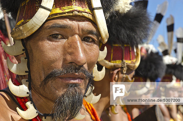 Konyak warriors with full gear at the annual Hornbill Festival in Kohima  India  Asia