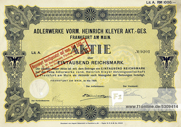 Historische Aktie über 1000 Reichsmark  Adlerwerke vormals Heinrich Kleyer Aktien-Gesellschaft  Frankfurt am Main  ehemaliges Fahrzeug- und Maschinenbauunternehmen  das Fahrräder  Autos  Motorräder und Büromaschinen herstellte  1929  Deutschland  Europa