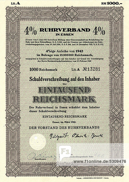 Historisches Wertpapier  Teilschuldverschreibung über 1000 Reichsmark  1942  Ruhrverband  öffentlich-rechtliches Wasserwirtschaftsunternehmen  Essen  Deutschland  Europa