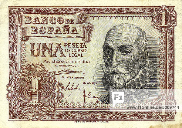 Banknote aus Spanien  1 Pesete  ¡lvaro de Baz·n  spanischer Flottenkommandant Capit·n General de la Mar OcÈano und MarquÈs de Santa Cruz  1953