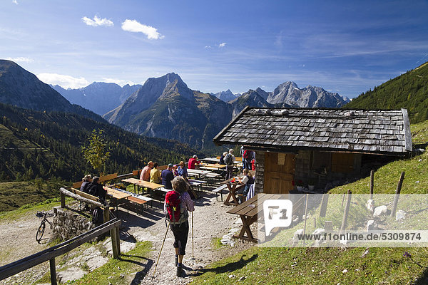 Terrace of Plumsjochhuette  an alpine hut on Plumsjoch Pass  Karwendel Mountains  Austria  Europe