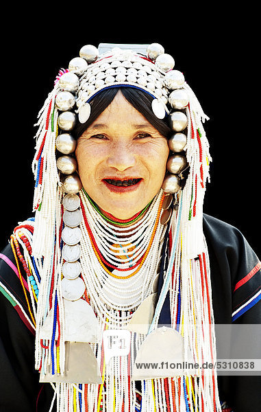 Portrait of Akha woman wearing a traditional LomueAka costume in Chiang Rai  Thailand  Asia