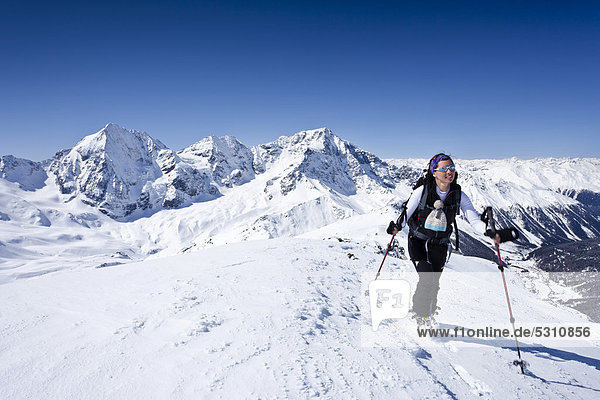 Skitourengeher beim Aufstieg zur hinteren Schöntaufspitze  Sulden im Winter  hinten die Königsspitze  der Ortler und Zebru  Südtirol  Italien  Europa