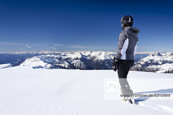 Cross-country skier on Cima Bocche Mountain above Passo Valles  Dolomites  looking towards Latemar Mountain above Vigo di Fassa  with the Rosengarten Group on the right  Trentino  Italy  Europe