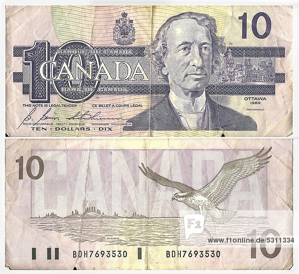 Alte Banknote  Vorderseite und Rückseite  10 kanadische Dollar  Bank of Canada  um 1989