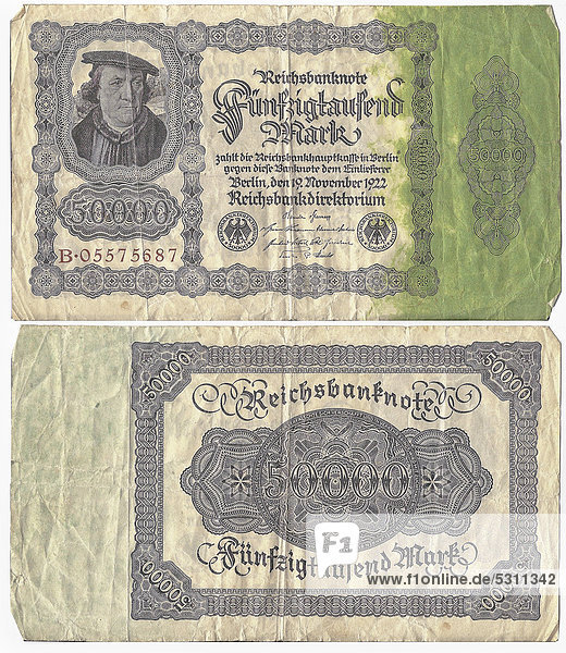 Alte Banknote  Vorderseite und Rückseite  Reichsbanknote 50.000 Mark Reichsbankdirektorium  um 1922