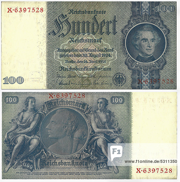 Alte Banknote  Vorderseite und Rückseite  Reichsbanknote  100 Reichsmark  Reichsbankdirektorium  um 1935