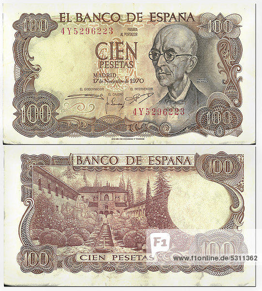 Alte Banknote Vorderseite und Rückseite 100 Pesetas Spanien Banco de Espana um 1970