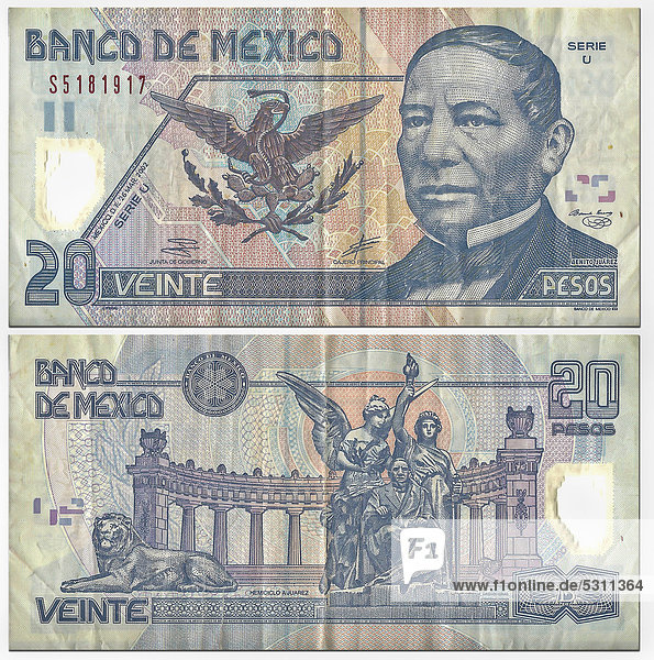 Alte Banknote  Vorderseite und Rückseite  20 Pesos  Mexiko  Banco Mexico  um 2002
