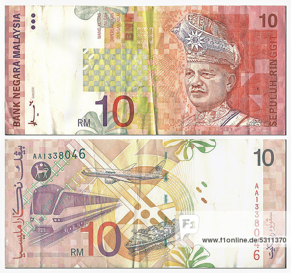 Alte Banknote  Vorderseite und Rückseite  10 Ringgit  Malaysia  Bank Negara Malaysia