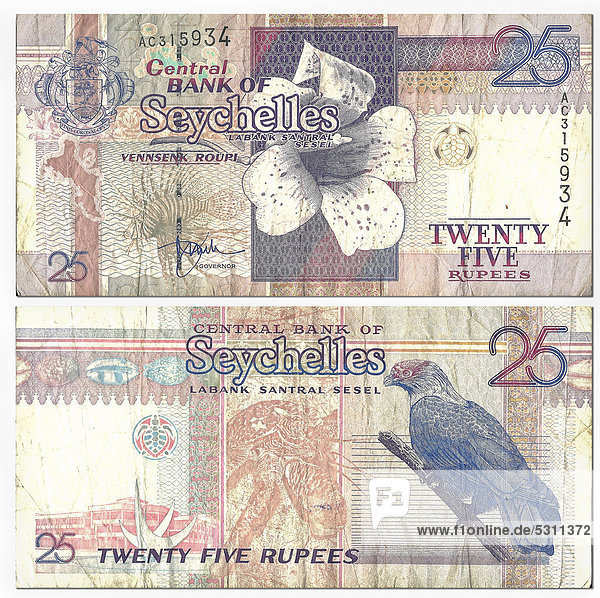 Banknote  front and rear  25 rupees  Seychelles  Central Bank of Seychelles