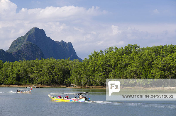 Excursion boat on a river passing mangroves and limestone cliffs  Phang Nga  Thailand  Southeast Asia