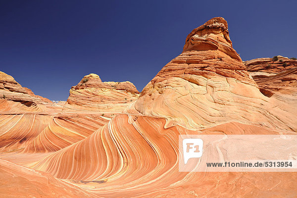 The Wave banded eroded Navajo sandstone rocks with Liesegang Bands Liesegangen Rings or Liesegang Rings North Coyote Buttes Paria Canyon Vermillion Cliffs National Monument Arizona Utah USA
