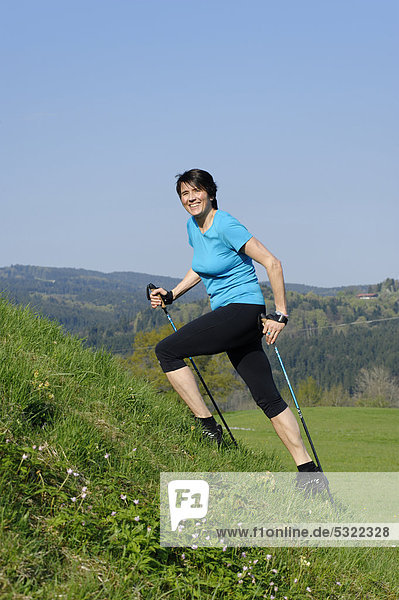 Frau beim Nordic Walking  bei Weyarn  bayerisches Oberland  Bayern  Deutschland  Europa