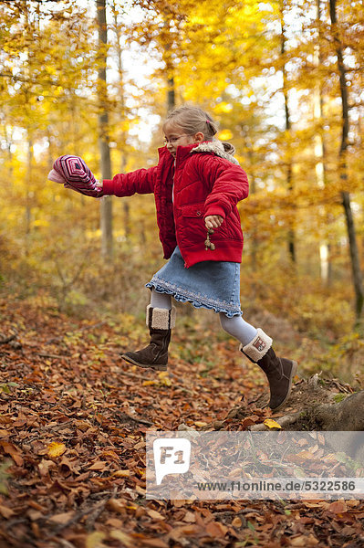 5 jähriges Mädchen springt vom Baumstumpf im Wald im Herbst