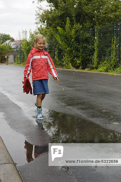 7jähriges Mädchen geht mit Regenschirm im Regen durch eine Pfütze auf der Straße  Assamstadt  Baden-Württemberg  Deutschland  Europa