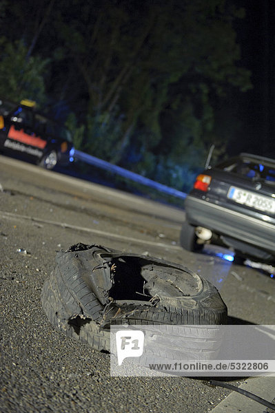 Crash site a torn off wheel with the wheel suspension Remseck Baden-Wuerttemberg Germany Europe