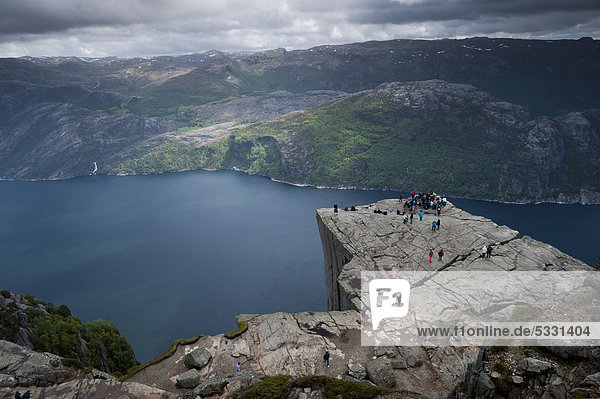 Pulpit Rock  also known as Preikestolen  Lysefjorden fjord at the back  Jorpeland  Rogaland  Norway  Scandinavia  Northern Europe