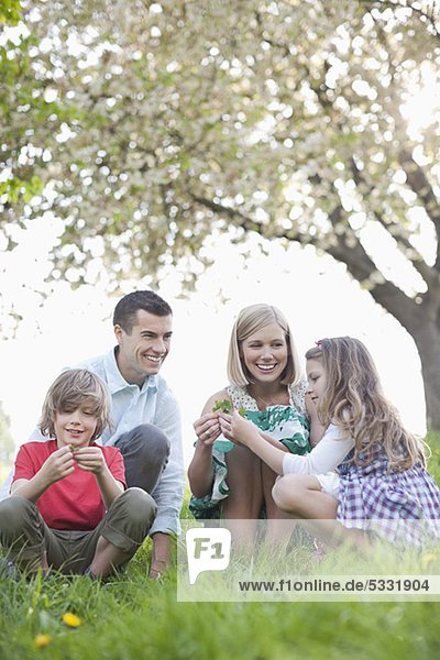 Family sitting in grass together